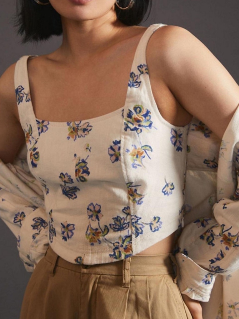 Pilcro Cream Floral Square-Neck Camisole with Blue & Yellow Print